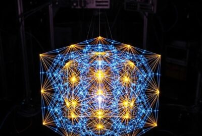 Glowing photon lattice forming a crystalline structure inside a dark physics laboratory