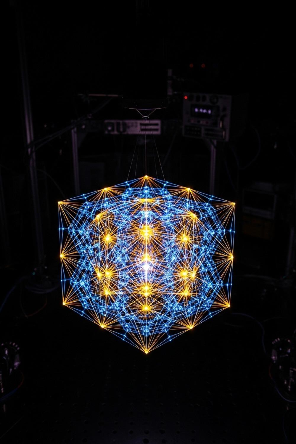 Glowing photon lattice forming a crystalline structure inside a dark physics laboratory