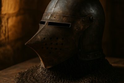 Aged medieval bascinet helmet with chainmail aventail on a dark wooden table in a castle interior