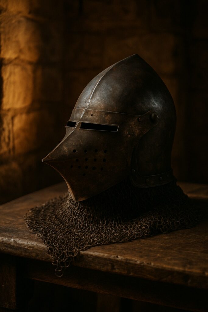 Aged medieval bascinet helmet with chainmail aventail on a dark wooden table in a castle interior