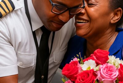Ethiopian Airlines pilot embraces his tearful mother holding roses at aircraft door