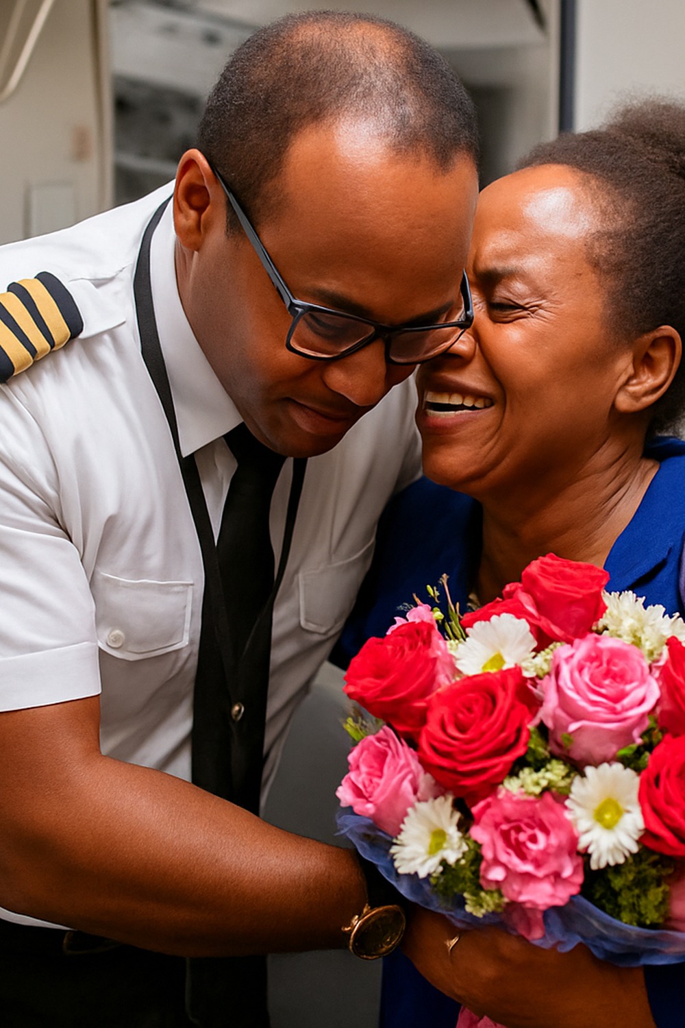 Ethiopian Airlines pilot embraces his tearful mother holding roses at aircraft door