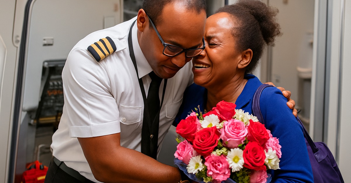 Proud pilot in white uniform stands beside his mother in cobalt blue blazer aboard aircraft