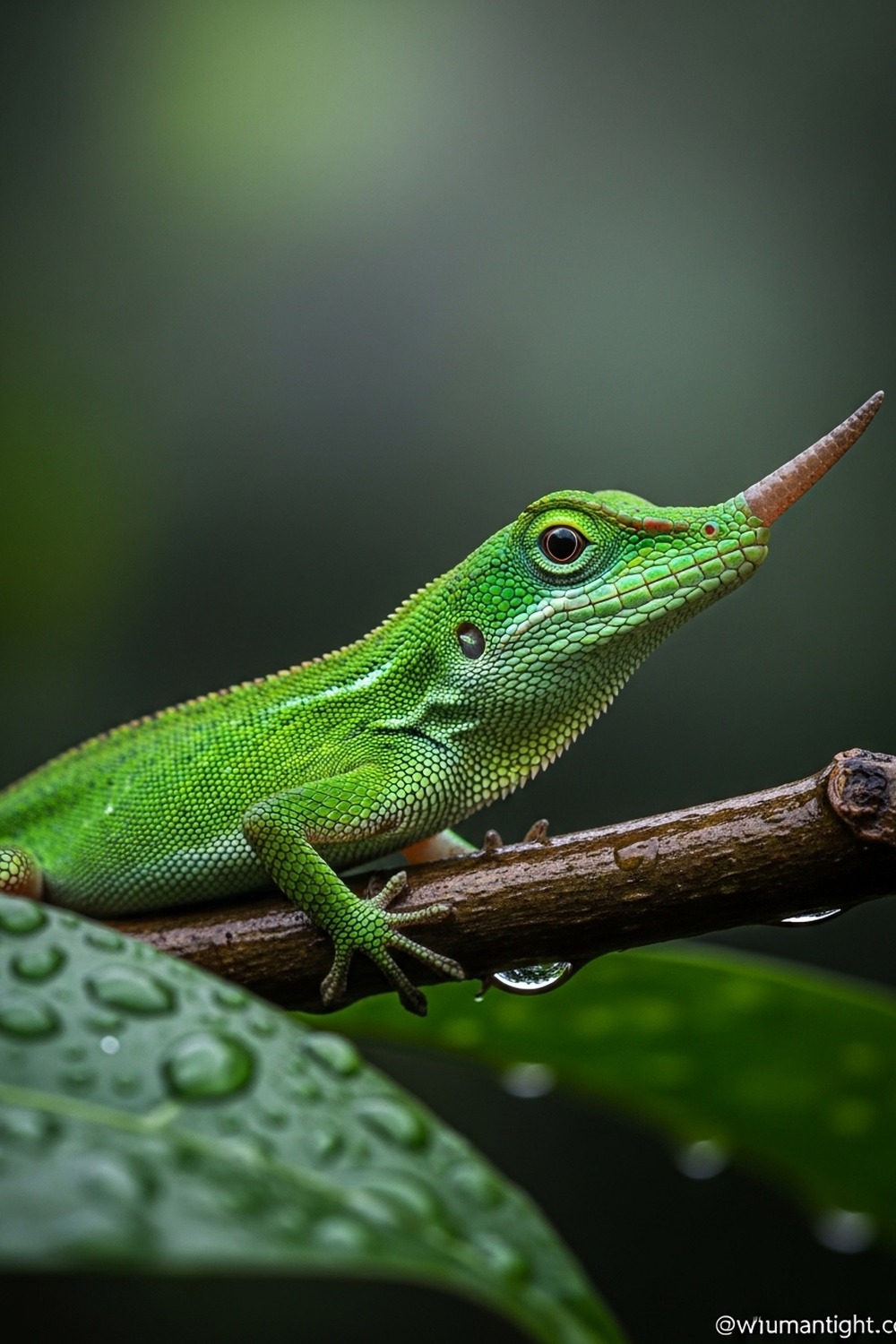 Male Pinocchio anole lizard with distinctive fleshy horn on nose resting on branch