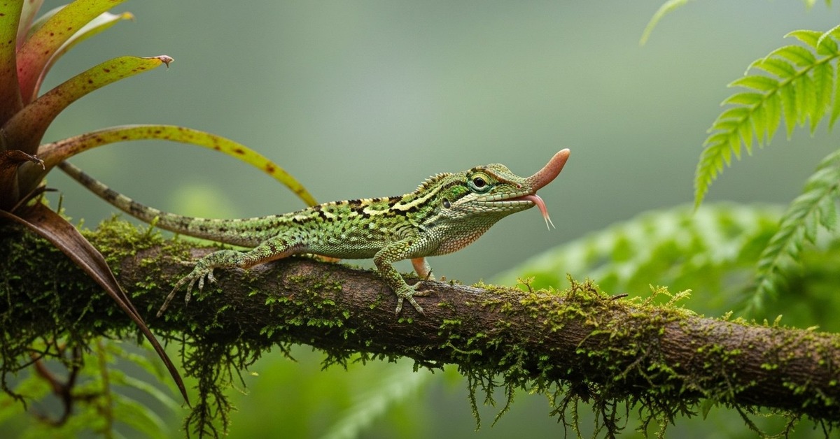 Close-up of Pinocchio anole clinging to mossy tree bark in Ecuador cloud forest
