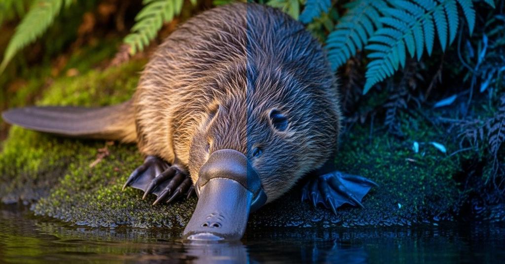 Extreme close-up of platypus bill showing electroreceptor-covered surface in shallow water