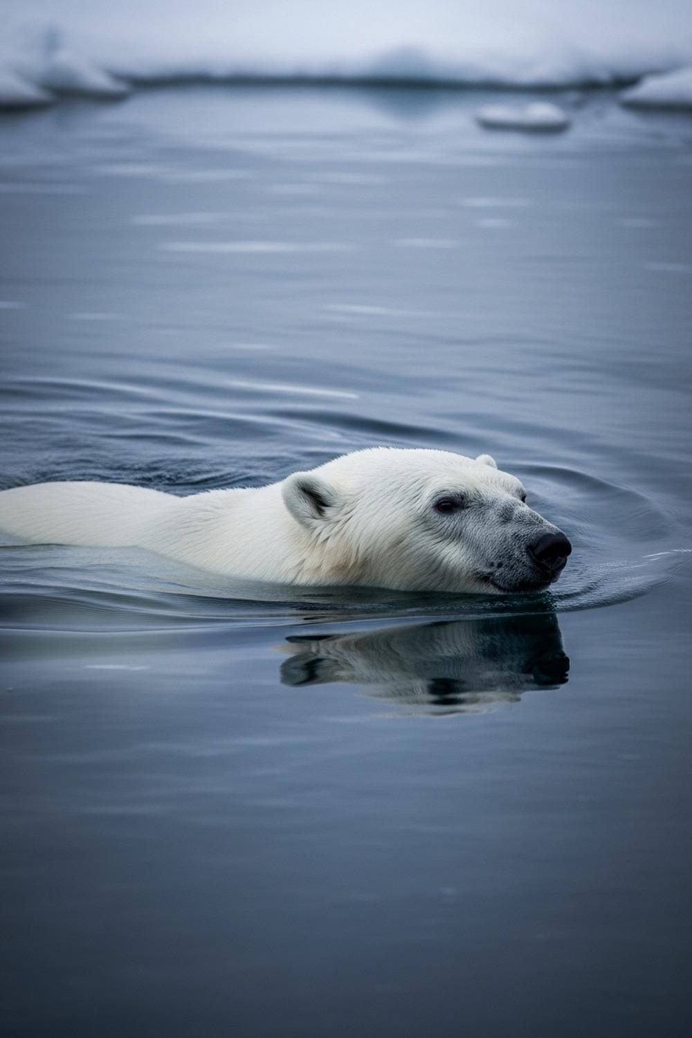 A polar bear swimming silently through open Arctic waters with no ice in sight