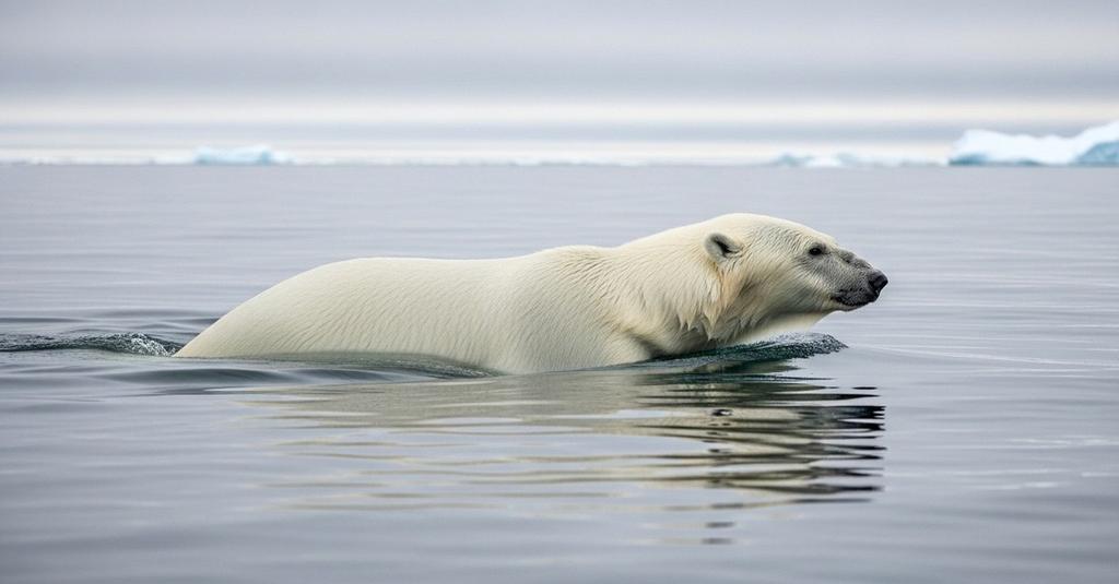 Aerial view of a polar bear floating in vast grey Arctic ocean under cloudy skies