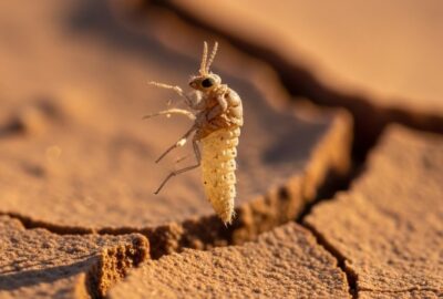 Extreme close-up of a desiccated Polypedilum vanderplanki midge larva on cracked dry rock