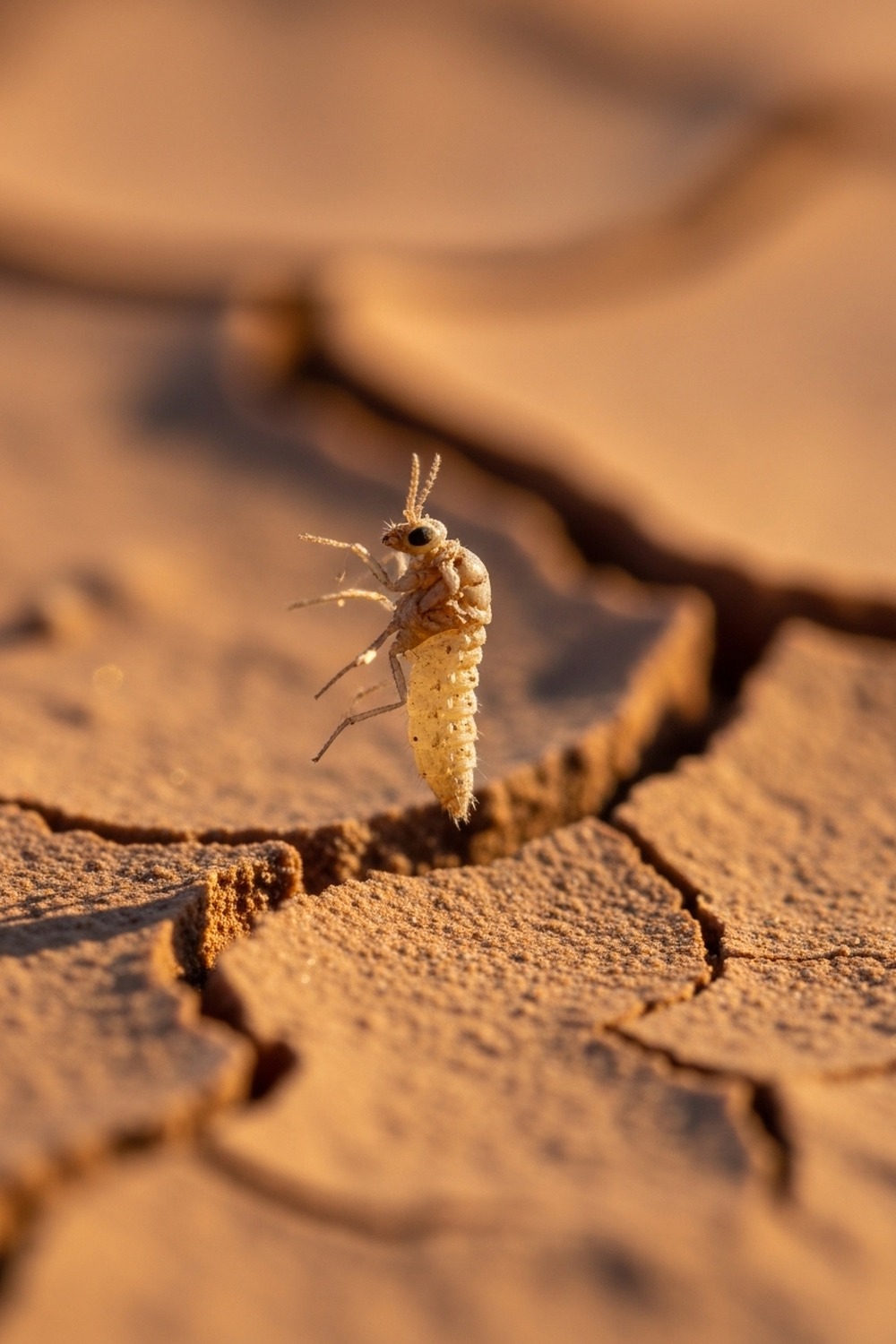 Extreme close-up of a desiccated Polypedilum vanderplanki midge larva on cracked dry rock