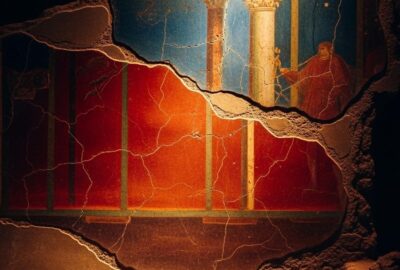 Vibrant ancient Roman fresco uncovered in Pompeii with rich red and blue pigments