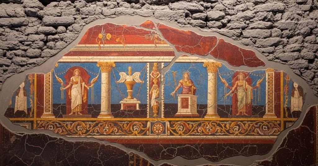 Close-up of deep cinnabar red Roman wall painting detail in excavated Pompeii room
