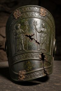Ancient bronze greaves engraved with Jupiter and Neptune unearthed in Pompeii ruins