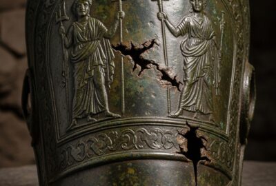 Ancient bronze greaves engraved with Jupiter and Neptune unearthed in Pompeii ruins