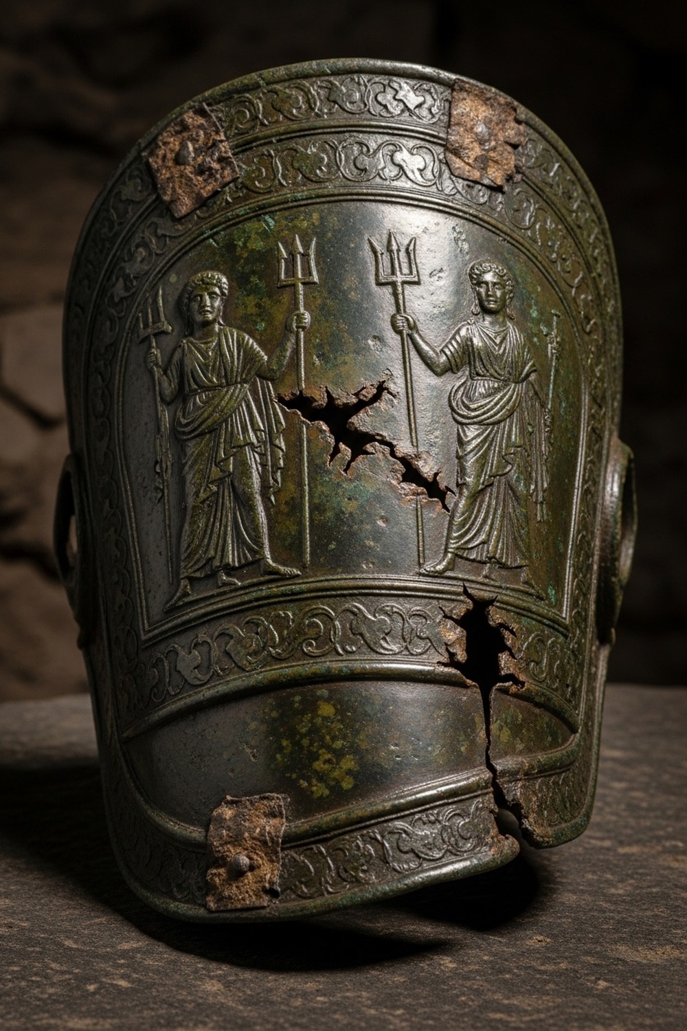 Ancient bronze greaves engraved with Jupiter and Neptune unearthed in Pompeii ruins