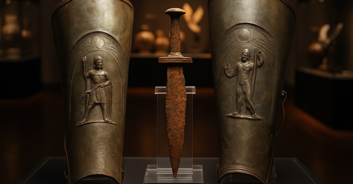 Ivory-inlaid Roman dagger resting beside battered bronze gladiator leg armor