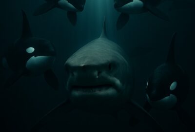 Four orcas encircling a great white shark in deep teal ocean water with dramatic god rays