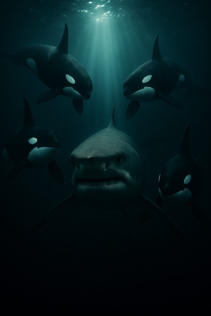 Four orcas encircling a great white shark in deep teal ocean water with dramatic god rays