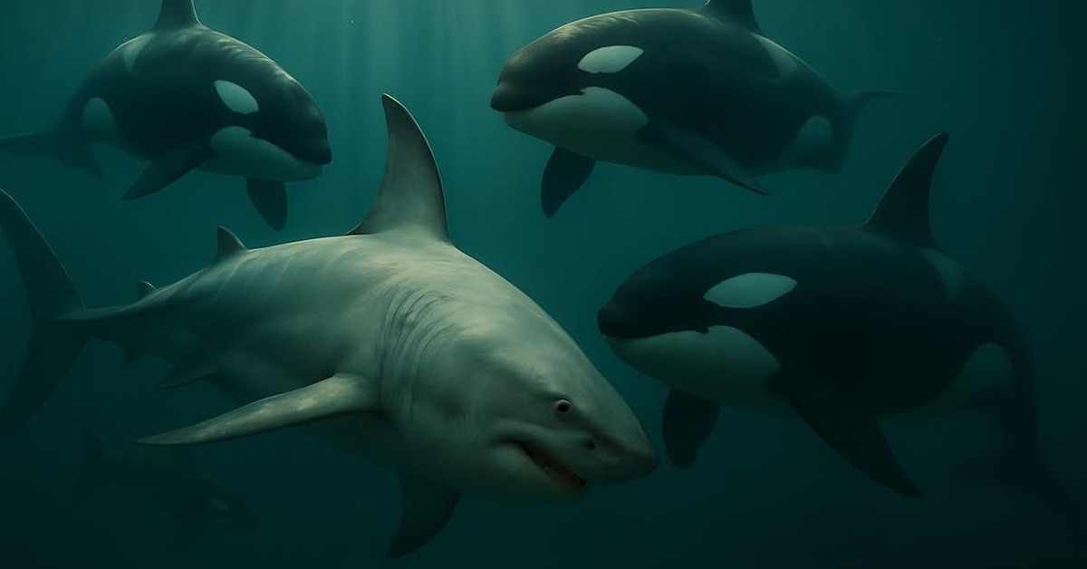Close underwater view of an orca approaching a great white shark from below in dark water