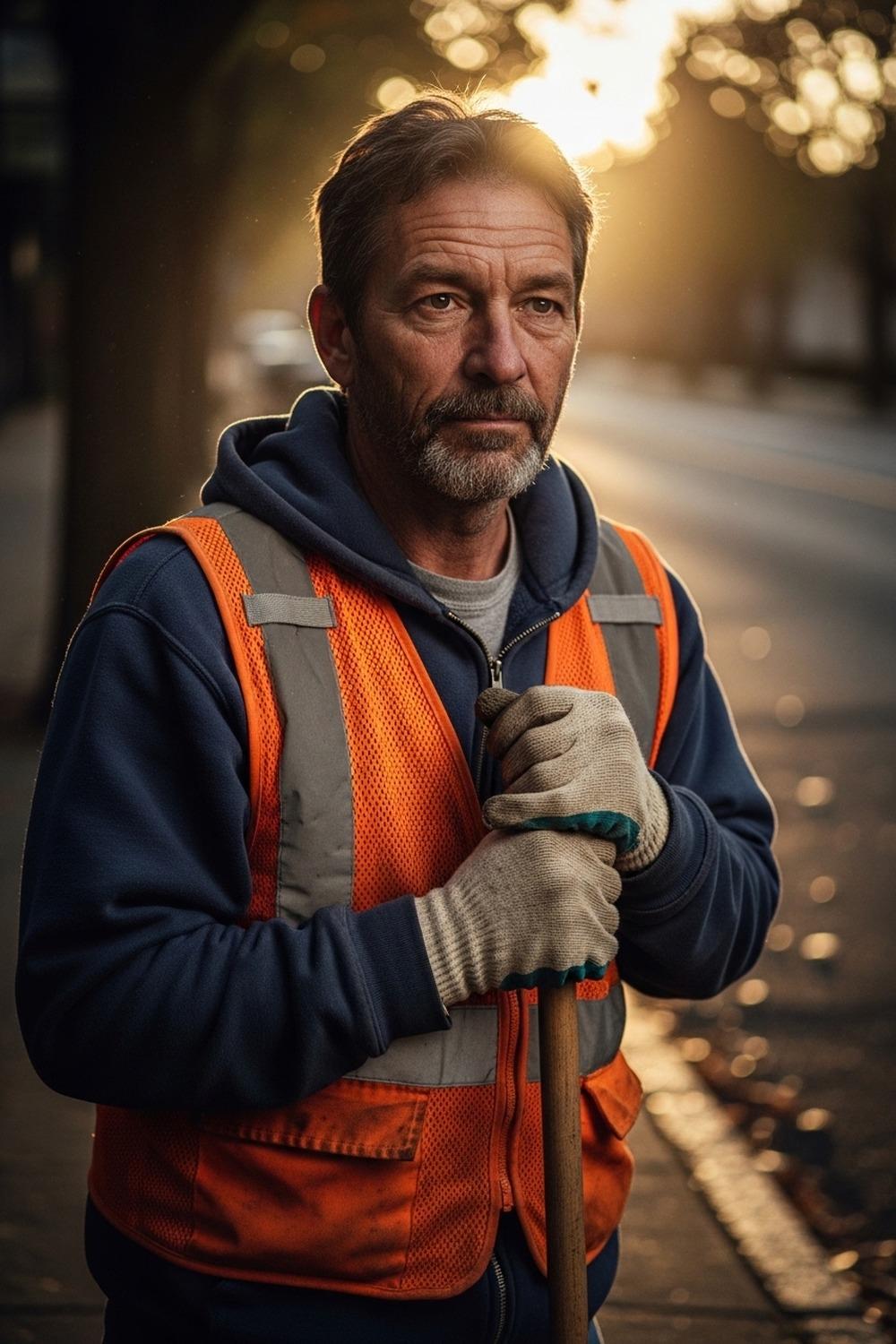 Homeless worker in orange vest sweeping a Portland street at dawn with quiet dignity