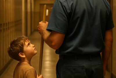 Young child standing proudly beside a school janitor holding a mop in a hallway