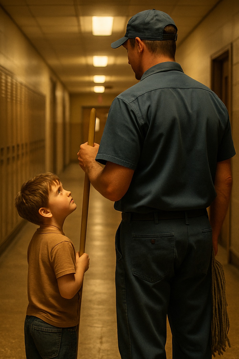 Young child standing proudly beside a school janitor holding a mop in a hallway