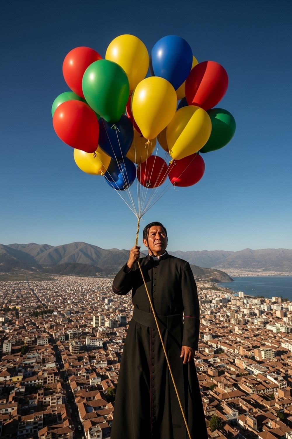 Brazilian priest suspended beneath hundreds of colorful helium balloons over coastal waters
