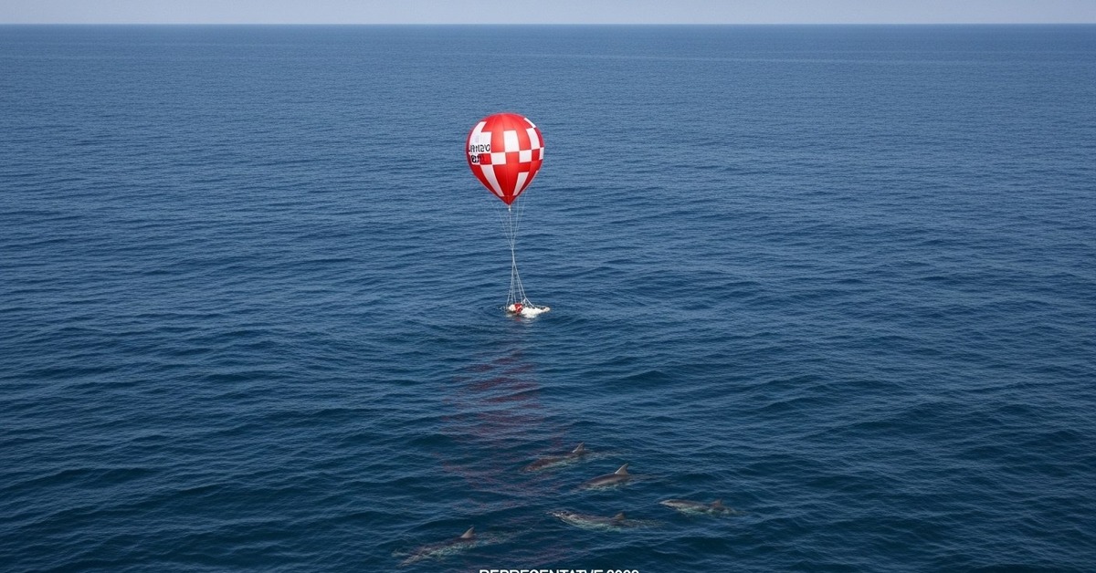 Cluster of bright latex balloons drifting over the vast open Atlantic Ocean