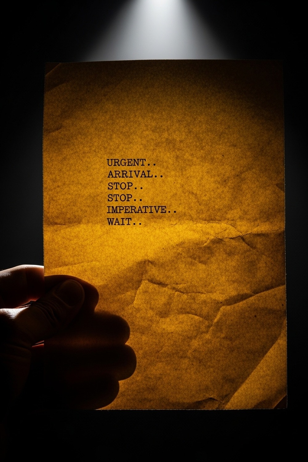 Dramatic portrait of a telegram note under a single spotlight on a dark stage