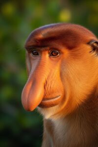 Male proboscis monkey with oversized drooping nose peering through Borneo mangrove leaves