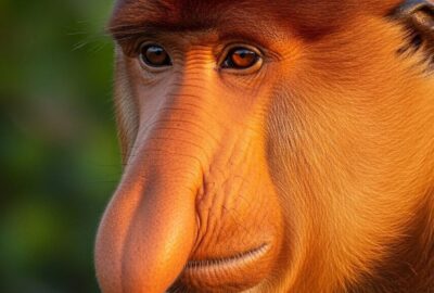 Male proboscis monkey with oversized drooping nose peering through Borneo mangrove leaves