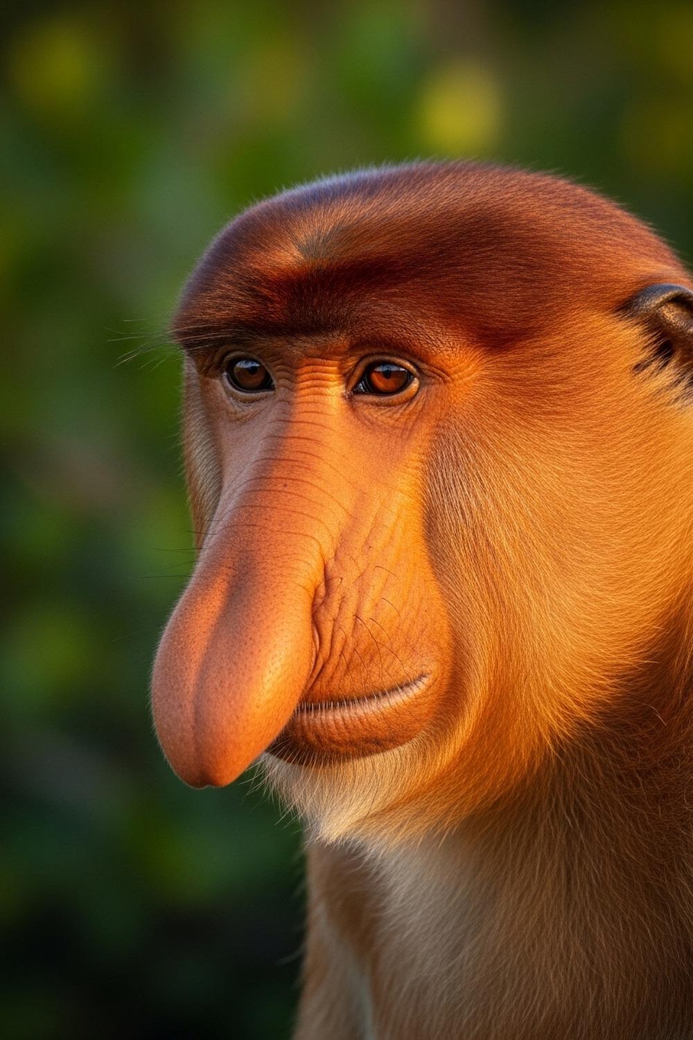 Male proboscis monkey with oversized drooping nose peering through Borneo mangrove leaves