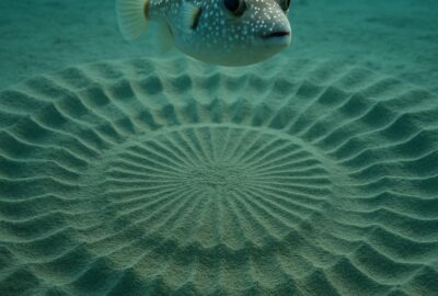 Male white-spotted pufferfish swimming above intricate circular sand mandala on ocean floor