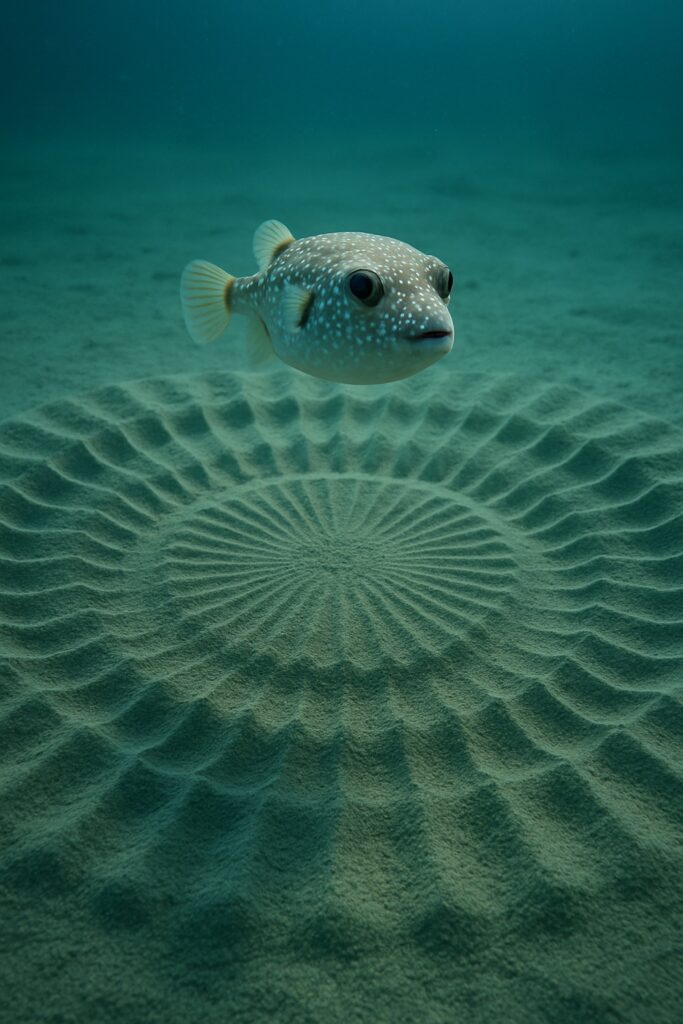 Male white-spotted pufferfish swimming above intricate circular sand mandala on ocean floor