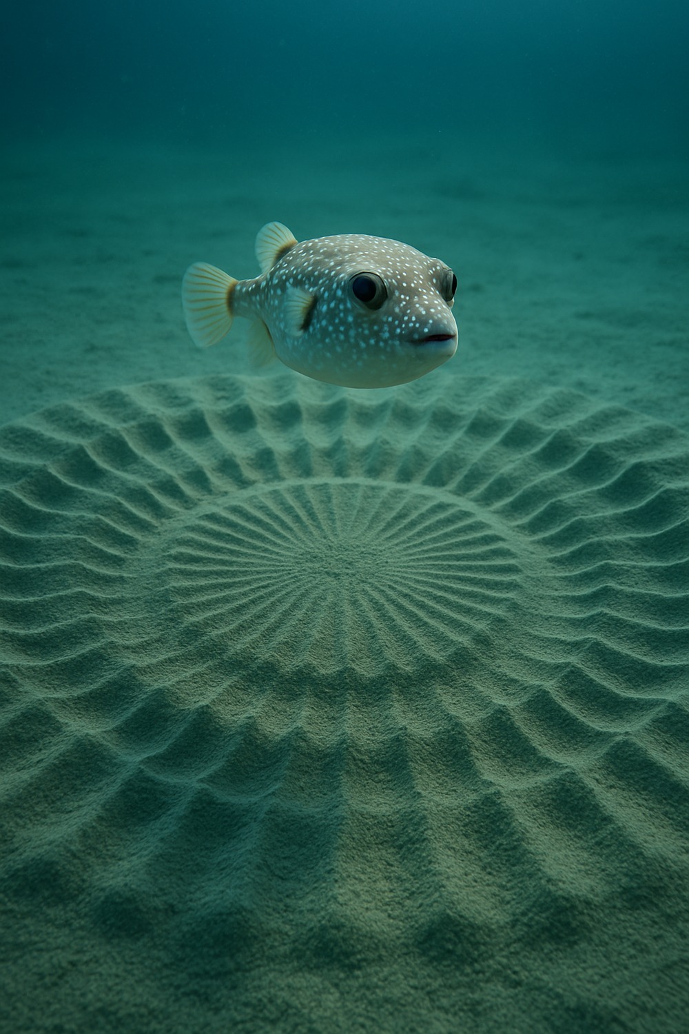 Male white-spotted pufferfish swimming above intricate circular sand mandala on ocean floor