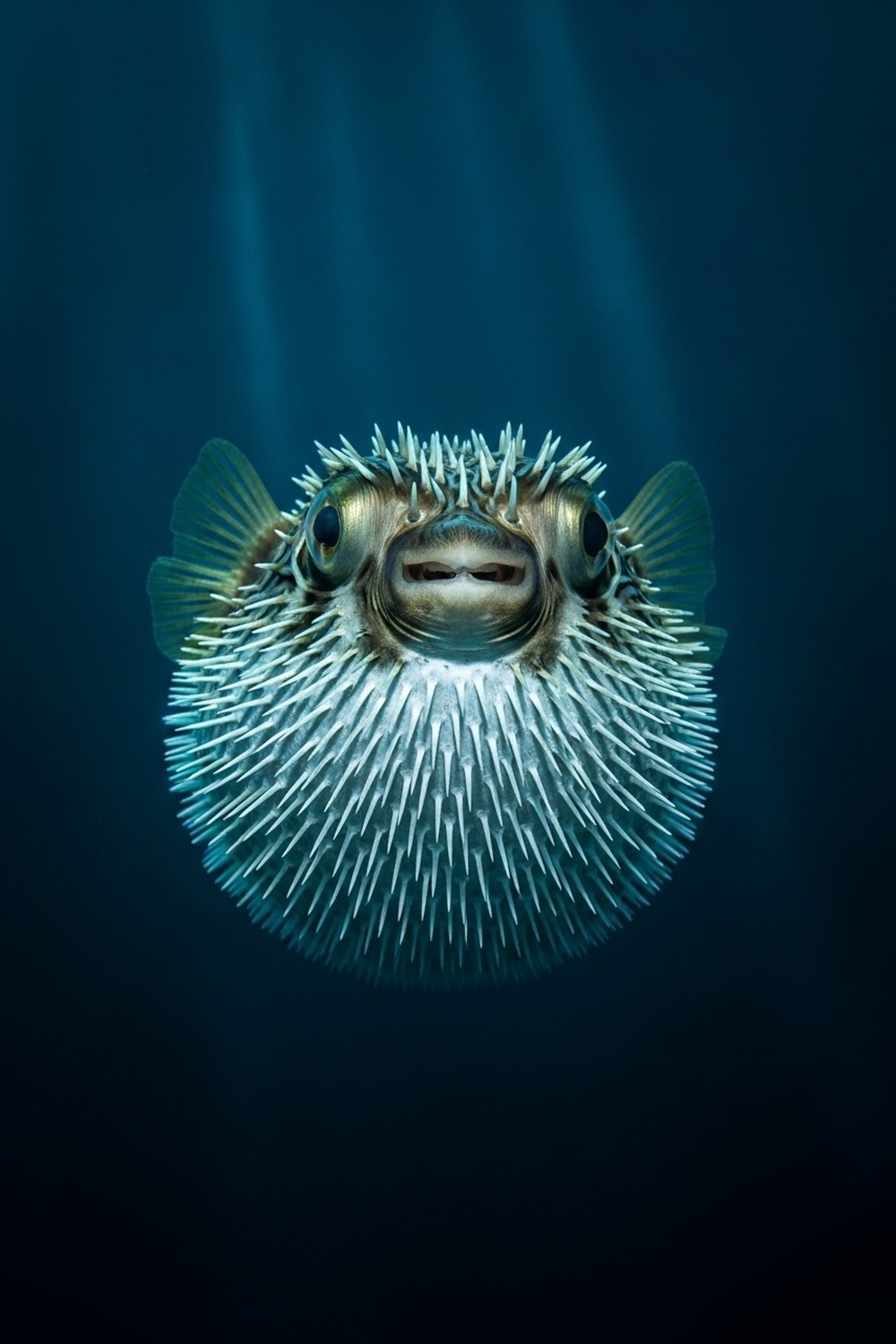 A fully inflated pufferfish covered in sharp spines floating in clear ocean water