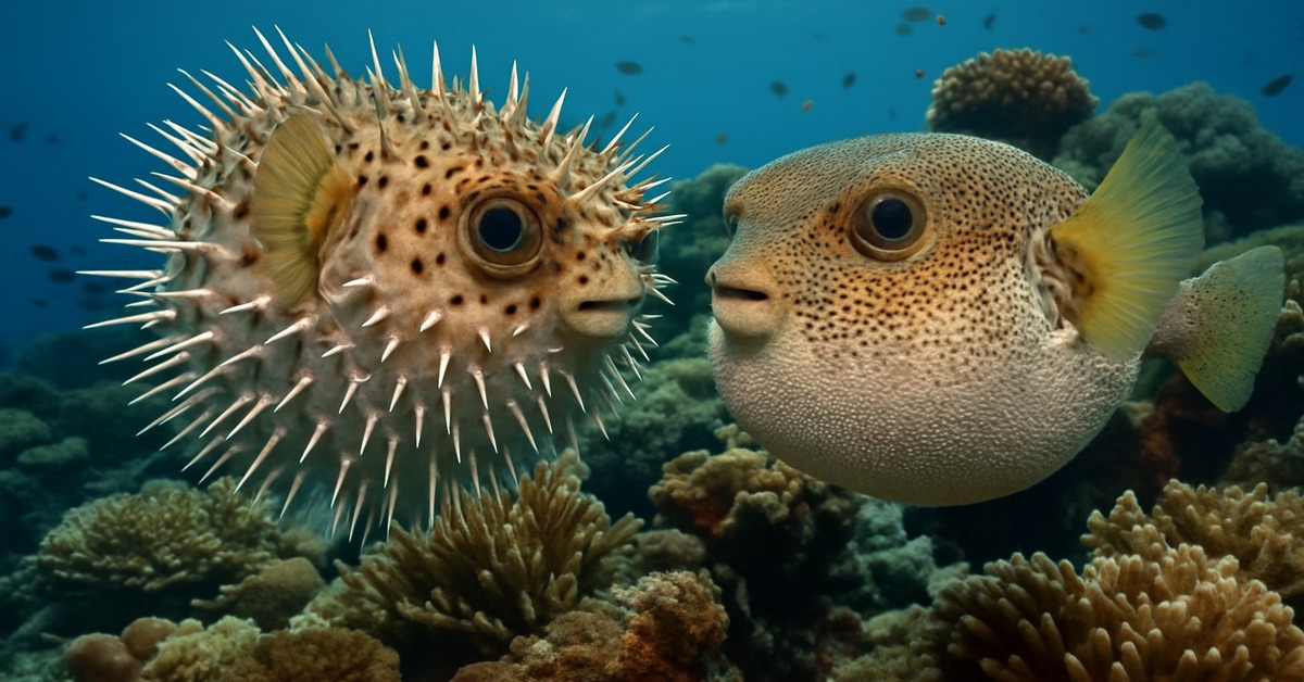 Close-up of a porcupinefish with long rigid spines fully extended underwater