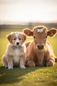 Tiny bow-tied puppy sitting calmly beside a fluffy young calf outdoors