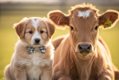 Tiny bow-tied puppy sitting calmly beside a fluffy young calf outdoors