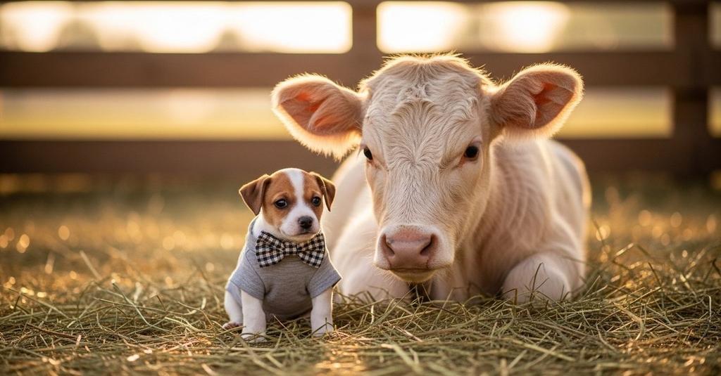 Close-up of a puppy and calf touching noses in a sunny barn setting