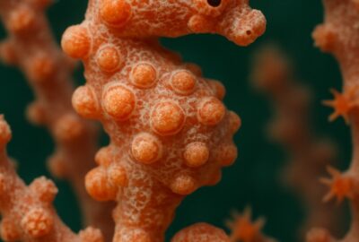 Tiny pygmy seahorse perfectly camouflaged on pink gorgonian fan coral underwater