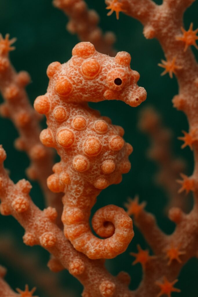 Tiny pygmy seahorse perfectly camouflaged on pink gorgonian fan coral underwater