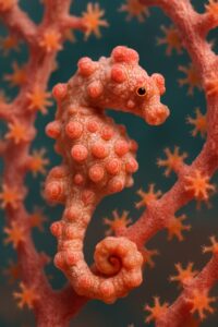 Tiny pygmy seahorse perfectly camouflaged on pink gorgonian fan coral underwater