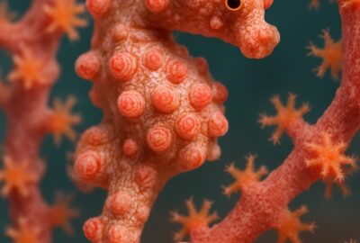 Tiny pygmy seahorse perfectly camouflaged on pink gorgonian fan coral underwater