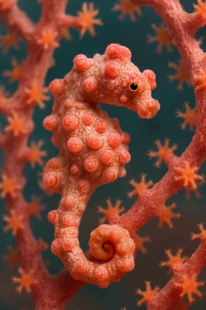 Tiny pygmy seahorse perfectly camouflaged on pink gorgonian fan coral underwater