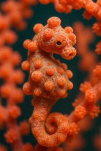 Tiny pygmy seahorse clinging to pink gorgonian fan coral branch underwater