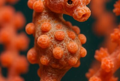 Tiny pygmy seahorse clinging to pink gorgonian fan coral branch underwater