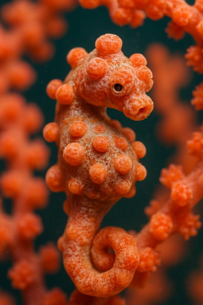 Tiny pygmy seahorse clinging to pink gorgonian fan coral branch underwater