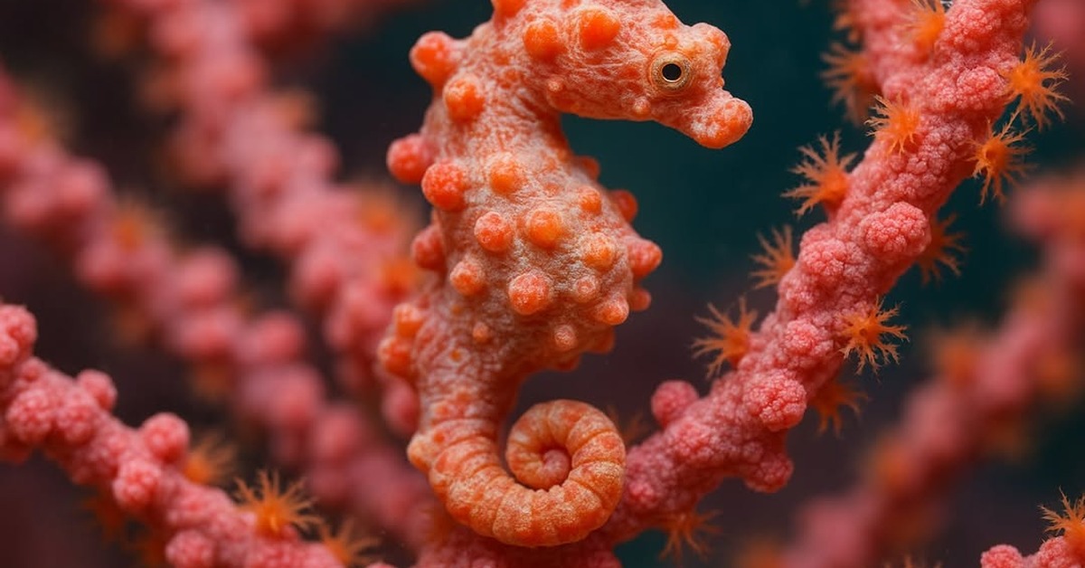 Pygmy seahorse profile close-up revealing eye detail against orange coral polyps