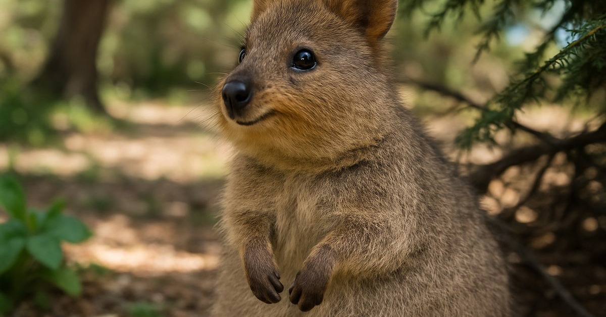 Wild quokka foraging among dense shrubs in natural Rottnest Island habitat